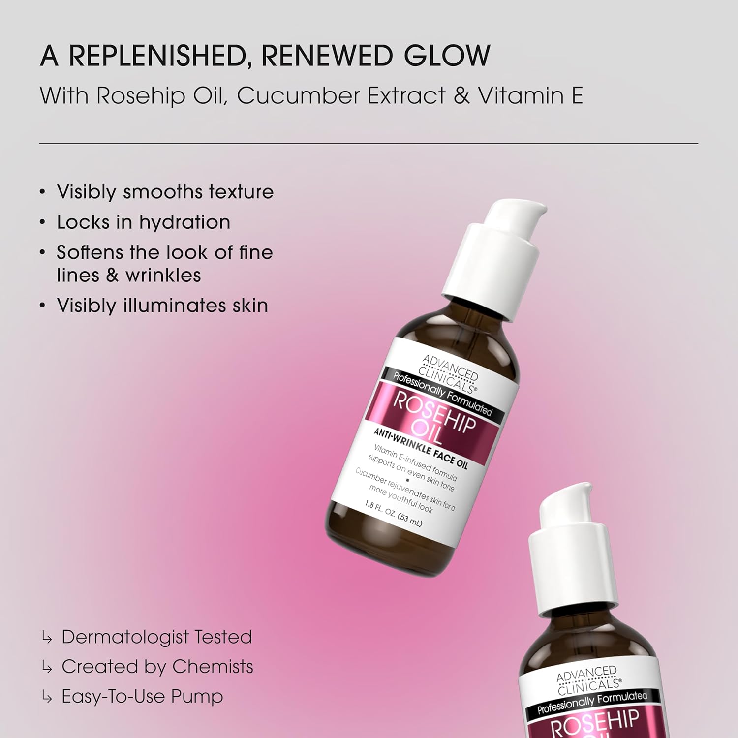 Advanced Clinicals Rosehip Oil For Face With Vitamin E + Botanicals Helps Improve Look Of Dark Spots, Wrinkles, Fine Lines, & Uneven Looking Skin Tone | Moisturizing Skin Care Face Serum, 1.8 Fl Oz - Image 3
