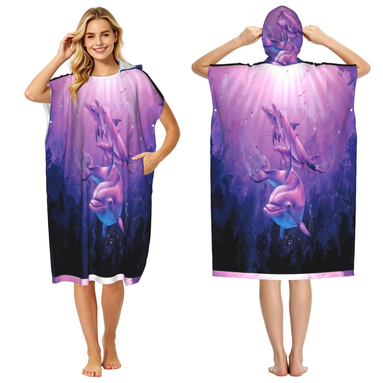 Poadnly Dolphins Animal, Adult Hooded Beach Towel 90 x 110 cm,Changing Bath Robe, Surf Poncho Towel For Women Men