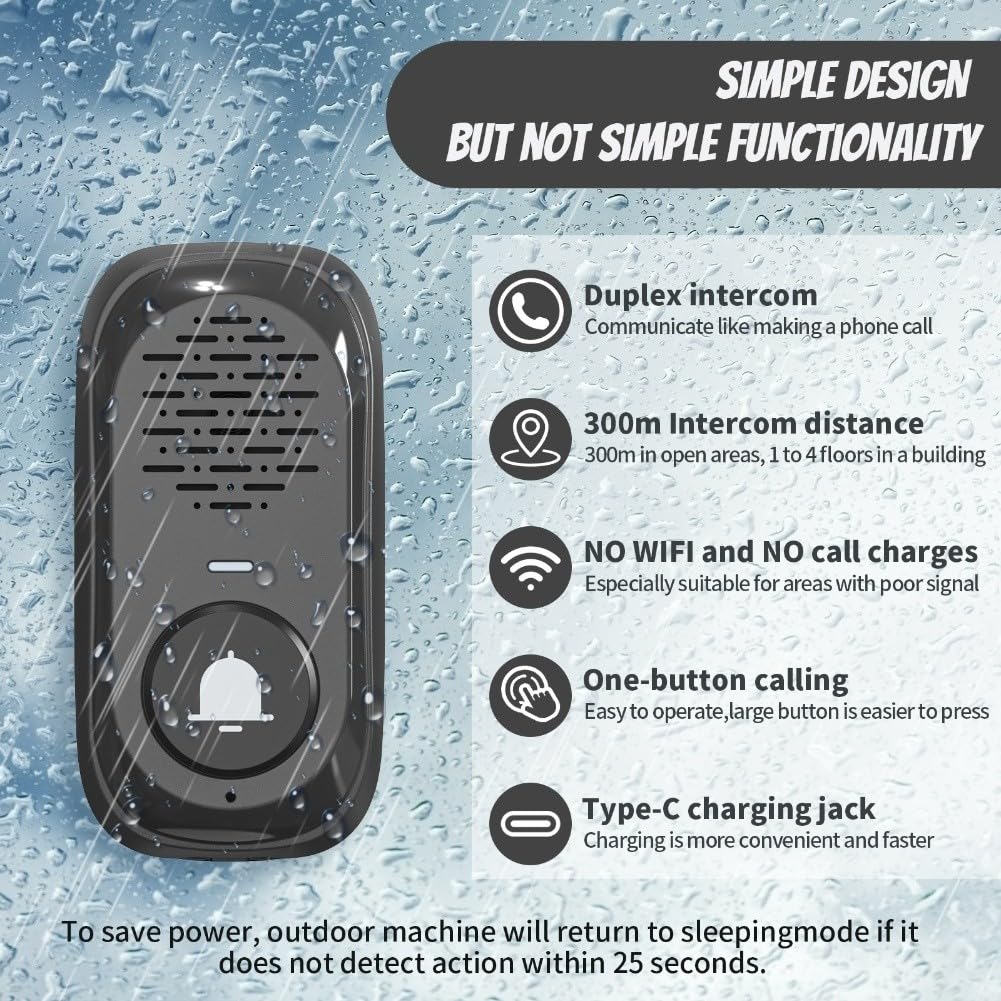 Lecreatekit Timbre inalámbrico con intercomunicador, 300 m de largo alcance, impermeable, sistema de audio bidireccional para seguridad en el hogar con ancianos y niños, ideal para todas las