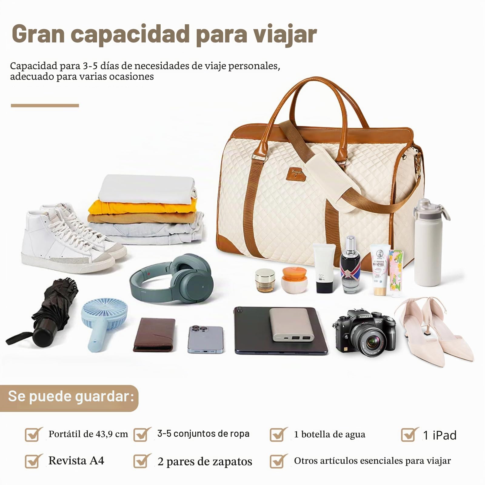 Portatrajes 2 en 1, Bolso de Viaje para Mujer, portatrajes Convertible para Llevar contigo, Bolso de Lona Grande Impermeable de Cuero PU con Bolsa para Zapatos,Beige