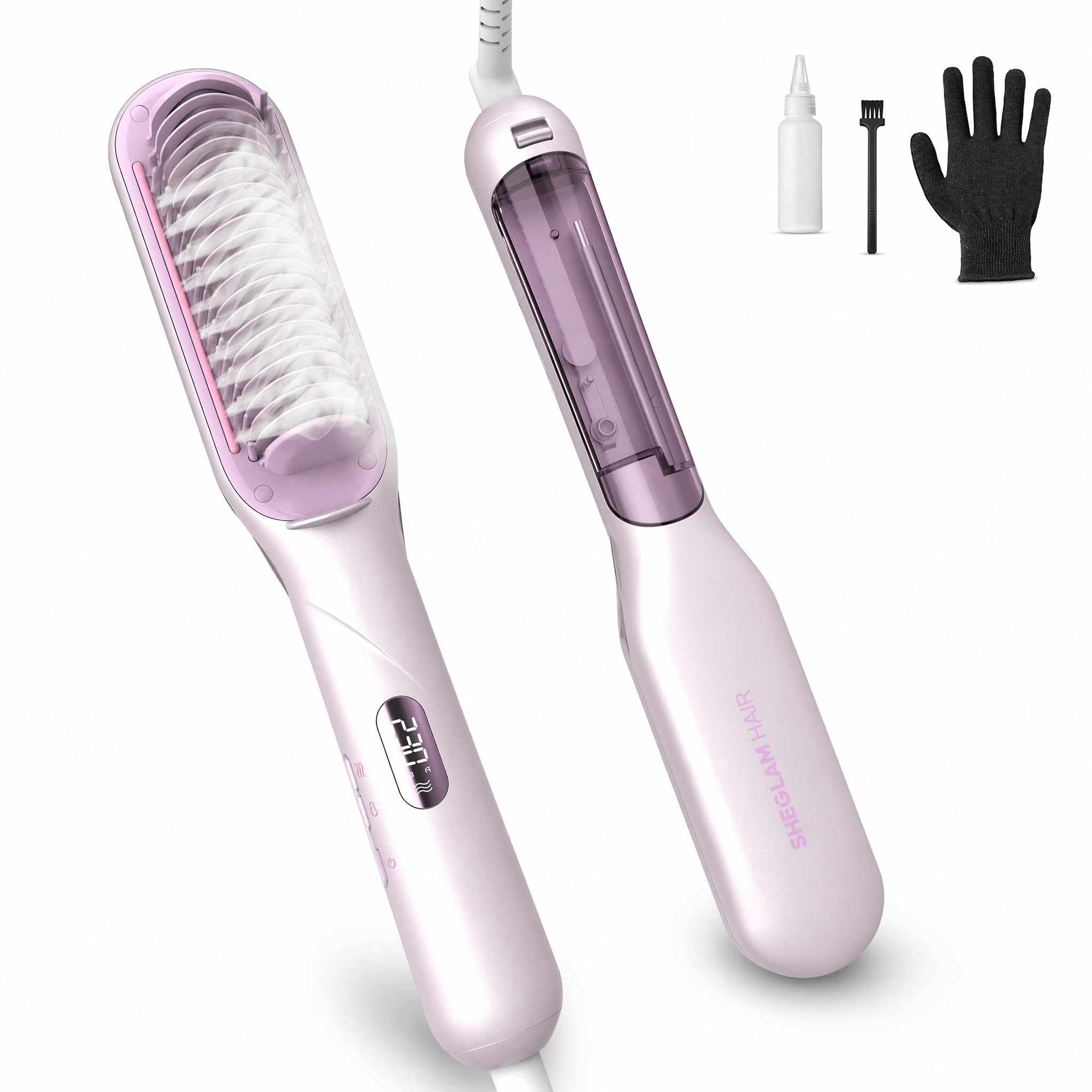 SHEGLAM Cepillo Alisador de Vapor, Peine Térmico 3 en 1 | Nano-vapor anticalor, 3 ajustes de vapor, calor rápido, aporta brillo, menos daño por calor, anti-frizz, doble voltaje