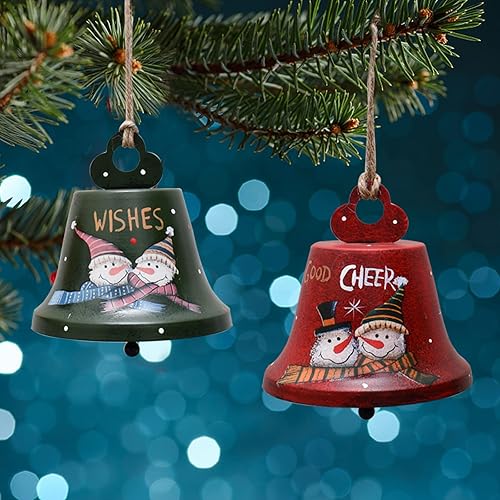 Miniatura 4 de Veclotch Juego de 2 adornos colgantes de campana de Navidad, decoración rústica de árbol de Navidad, muñeco de nieve, adorno de cascabel de metal,