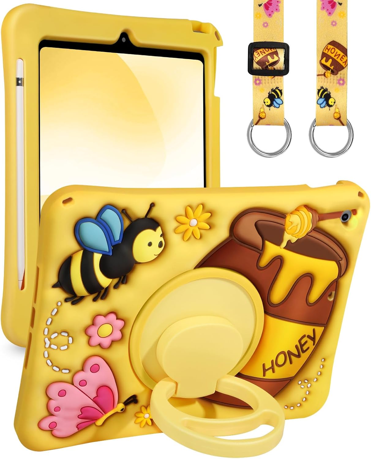 Boaretiu for iPad 9th/8th/7th Generation Case - Cute Cartoon with Shoulder Strap & Rotating Stand & Pencil Holder for Girls Boys Teens Soft Silicone Yellow 10.2 Inch Protective Case 2021/2020/2019