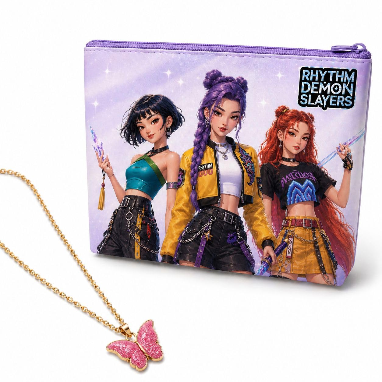 K popp demonsz huntrx Multi Utility Zipper Pouch for Girls | Stationery Organizer Pencil Case | Makeup Cosmetic Travel Storage Bag with butterfly pendant chain | Pencil Holder, 15 cm x 8 cm-image-19