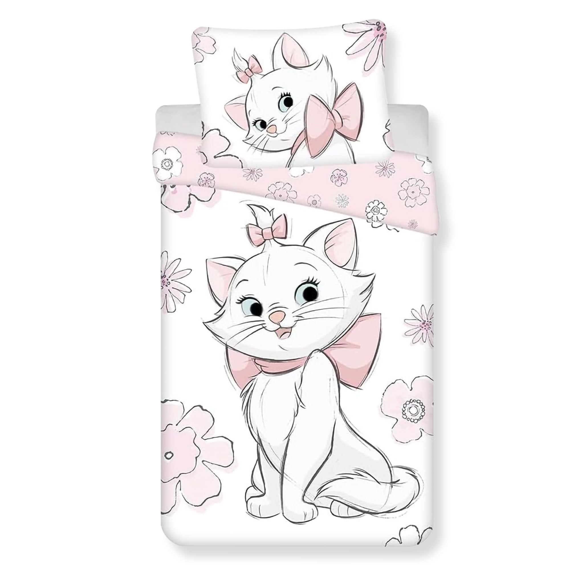 Jerry Fabrics Aristocats Marie Flowers - Juego de funda de edredón y funda de almohada individual, ropa de cama 100% algodón en tamaño europeo, juego de edredón reversible para niños, cómodo y