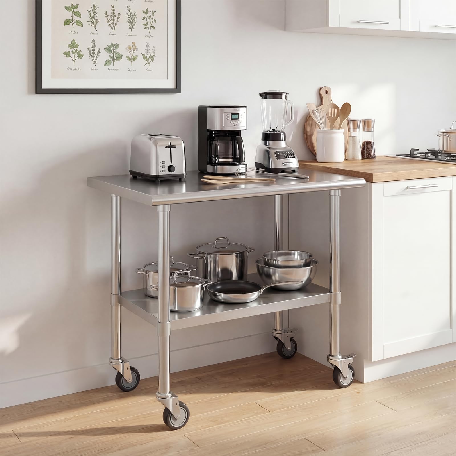 GIANTEX Carro de Acero Inoxidable de Doble Capa, Carrito de Sevicio para la Cocina con 2 Niveles, Puede Cargar 150 kg, Utilizar en Cocina, Comedor o Almacén, 91,5 x 61 x 88,5 cm