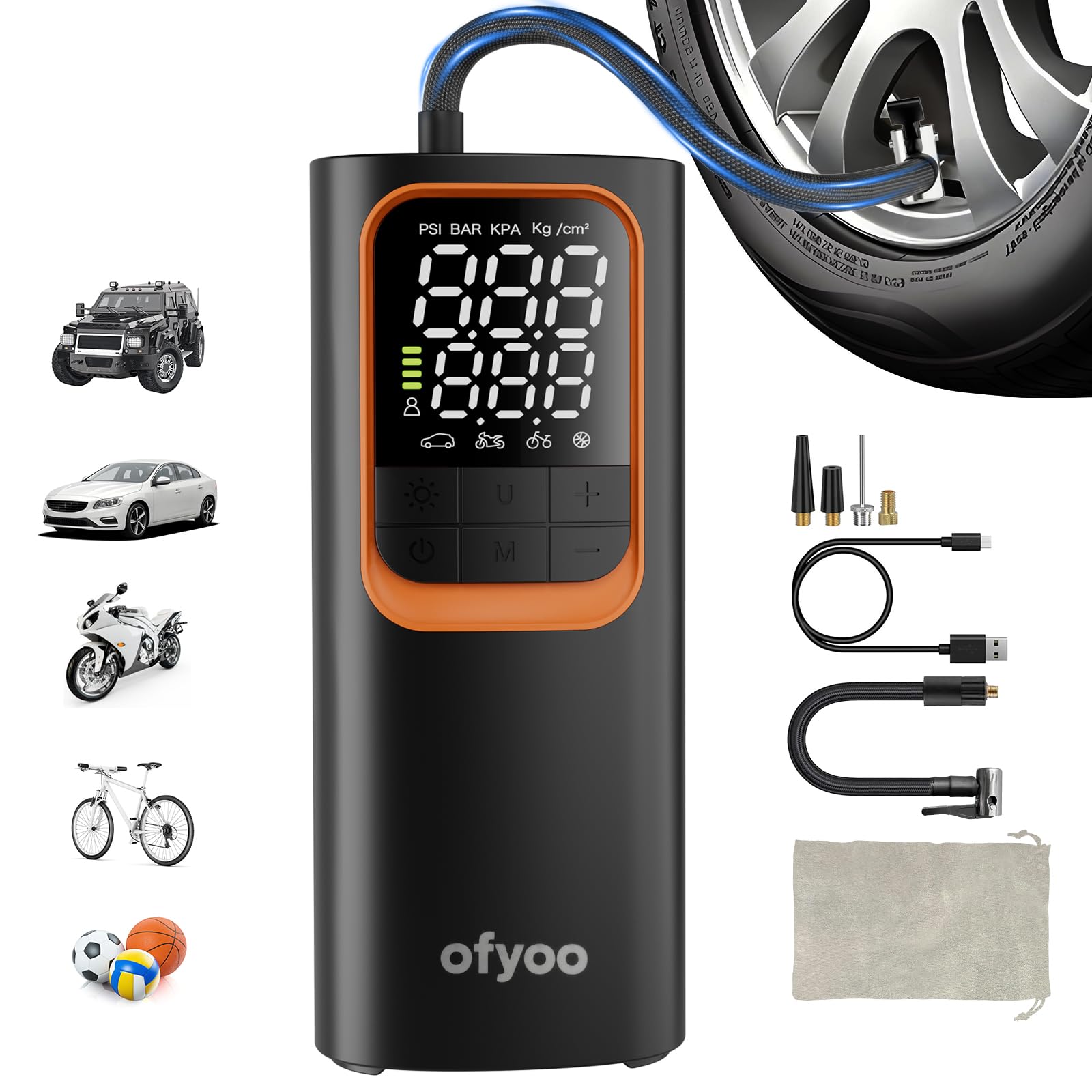 OFYOO Tire Inflator Portable Air Compressor,Air Pump with 170PSI High Pressure,Digital Tire Pressure,Preset Pressure Automatic Stop,Inflating Cars/Bicycles/Motorcycles/Balls,USB Charging Portable
