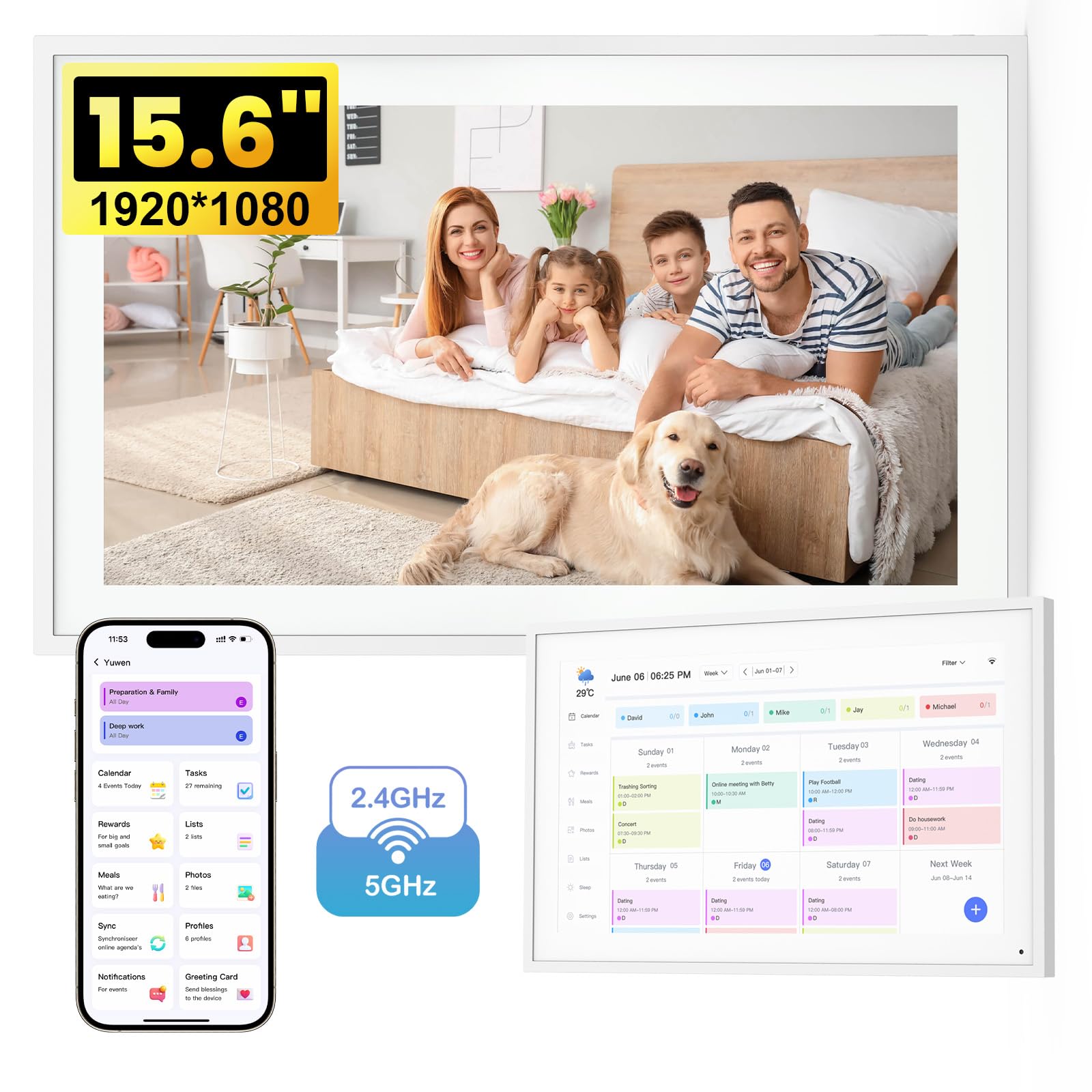 NEWYES Calendario digitale smart da 15,6 pollici con touchscreen, organizer da parete senza abbonamento, sincronizzazione Google/iCloud/Outlook, agenda elettronica con pianificatore di pasti e