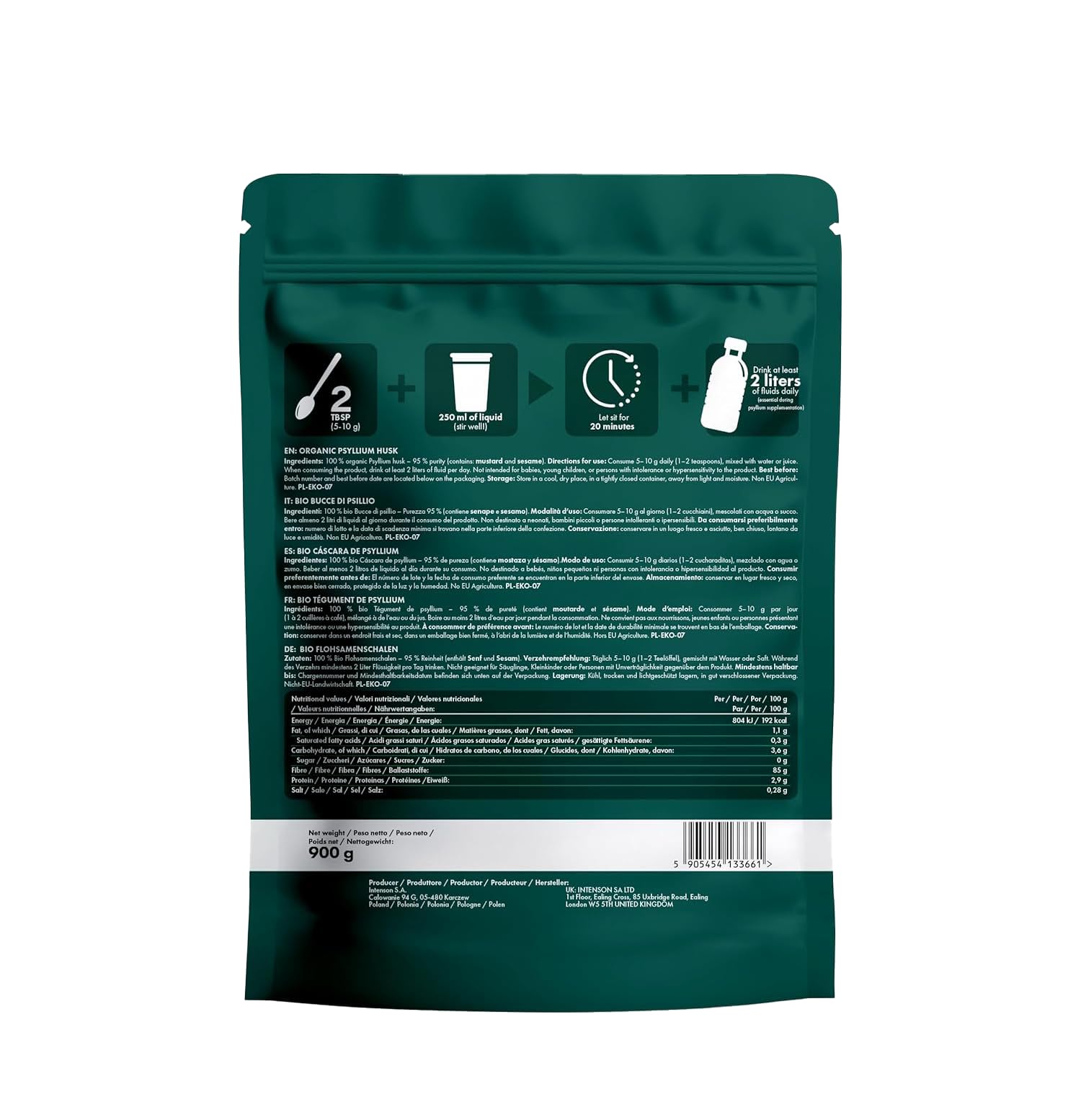 Intenson Psillio Bio, 900 g, Biologico Certificato UE, Ricco di Fibre, 100% Naturale, Vegano, Compatibile con la Dieta Keto, Senza Glutine, Senza Additivi