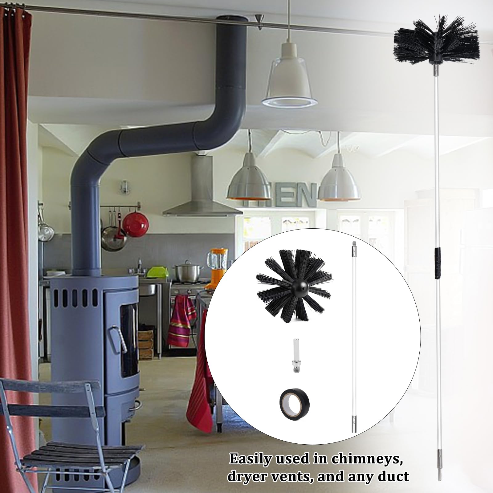 Juego de barra para cepillo de chimenea (3,6 m, diámetro 150 mm), cepillo de nailon para tubos de estufa, cepillo para deshollinar, con barras flexibles (9 x 410 mm), uso con brocas eléctricas
