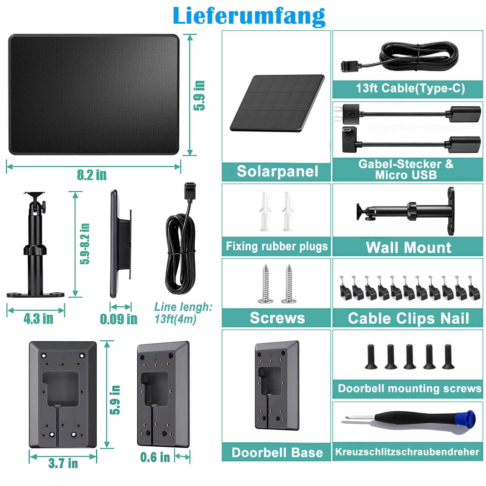 6W Solarladegerät für batteriebetriebene Ring-Türklingeln, 4m Ladekabel, Micro-USB & Type C & Gabel-Stromanschluss, IP66 wasserdicht