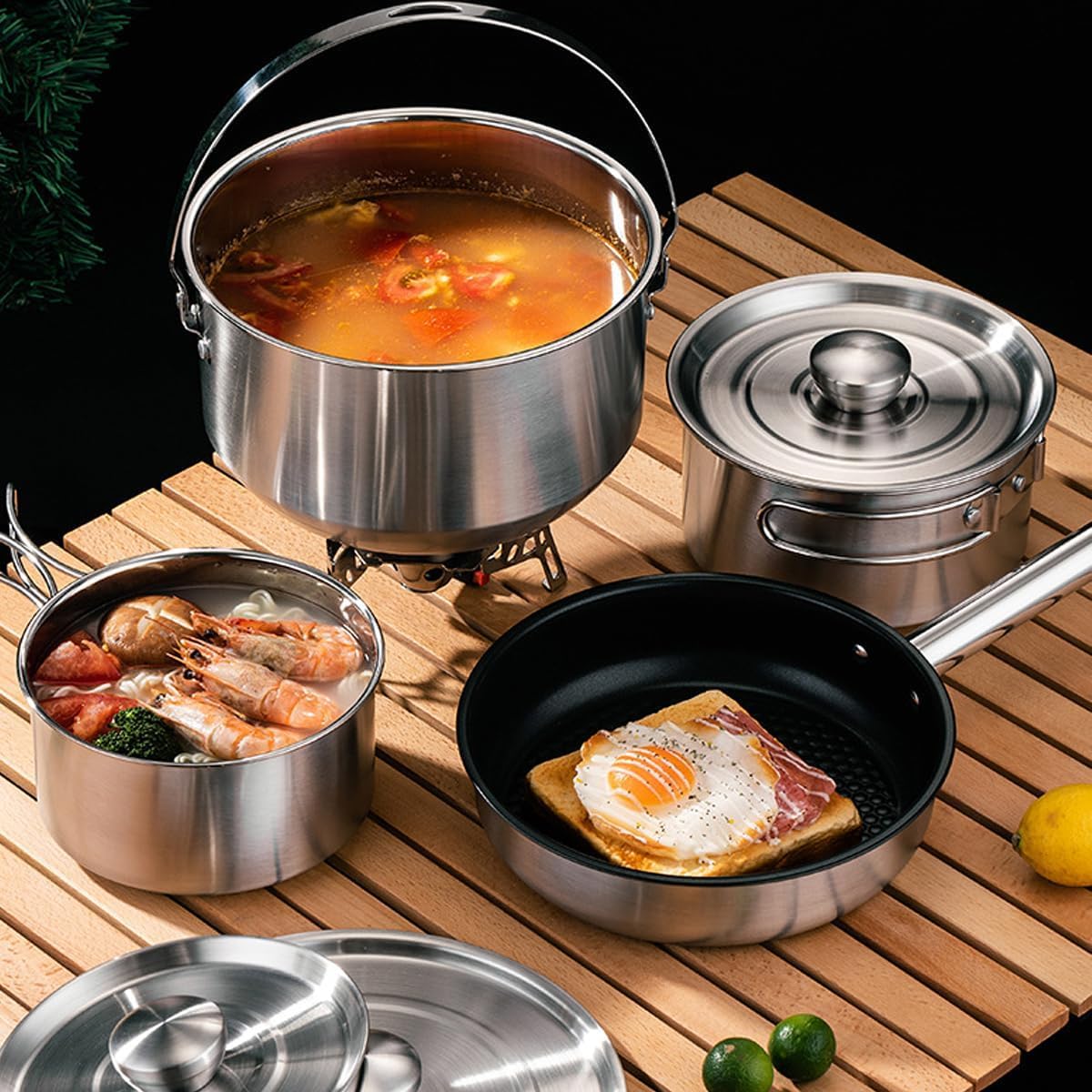 Camping Kochgeschirr Set, Töpfe und Pfannen für Lagerfeuer Kochen, inkl. Reisetasche für 4-6 Personen