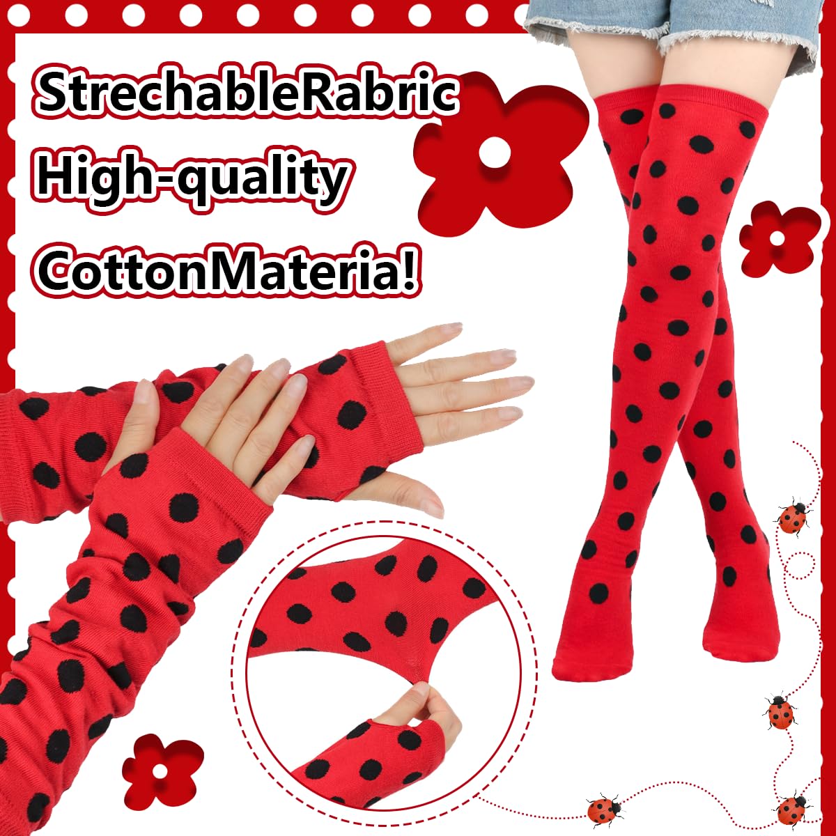 EduPlayte Women Ladybug Costume Accessories - Ladybug Headbands Glasses Striped Gloves for World Book Week Dress up - Image 3