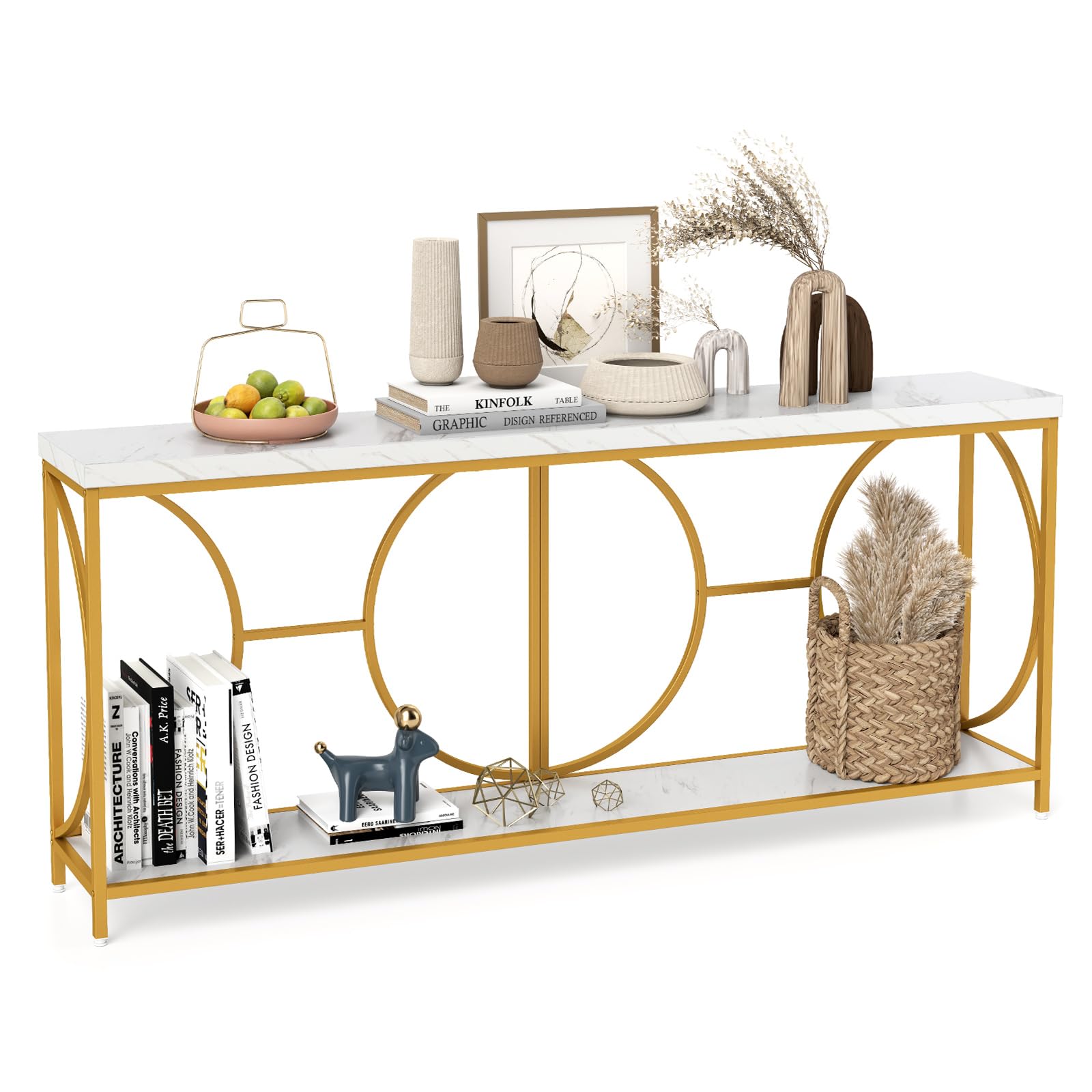 COSTWAY Mesa Consola de 2 Niveles con Superficie de Mármol Falso, Entrada Recibidor, Marco de Metal Resistente, Mesa Auxiliar Larga para Sofá, Mesa de Acento Moderna con Estante, 180 x 30 x 80 cm