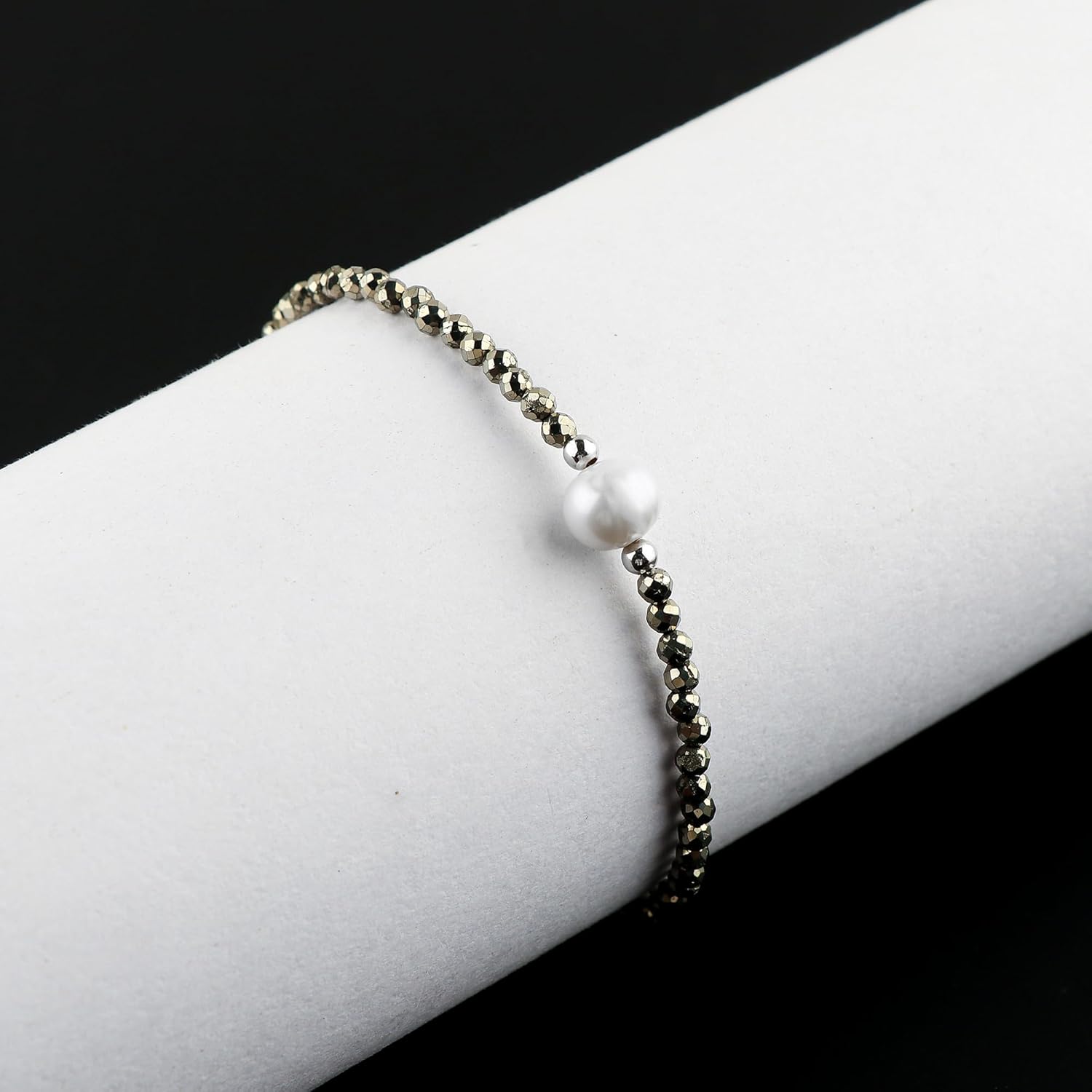 CRYSTALIS Natural Golden Pyrite Beads Slider Bracelet with Elegant Pearl, High Grade Beaded Crystals, Chakra Healing Gemstone, Gift Giving Women Jewelry, 925 Sterling Silver Slider 10 inch - Image 3