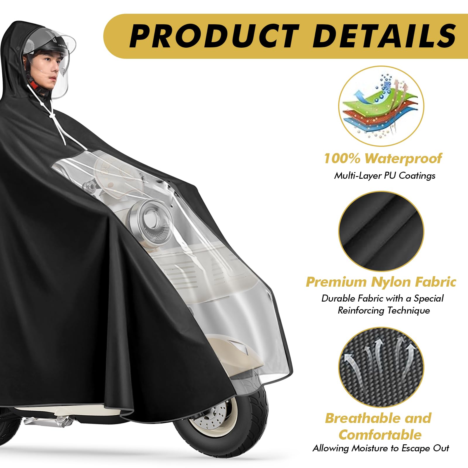 Poncho Pioggia per Bicicletta - Impermeabile Leggero in PVC Riutilizzabile, Copertura Completa con Cappuccio - Ideale per Bici, Mountain Bike ed E-Bike (Compatto, Traspirante)