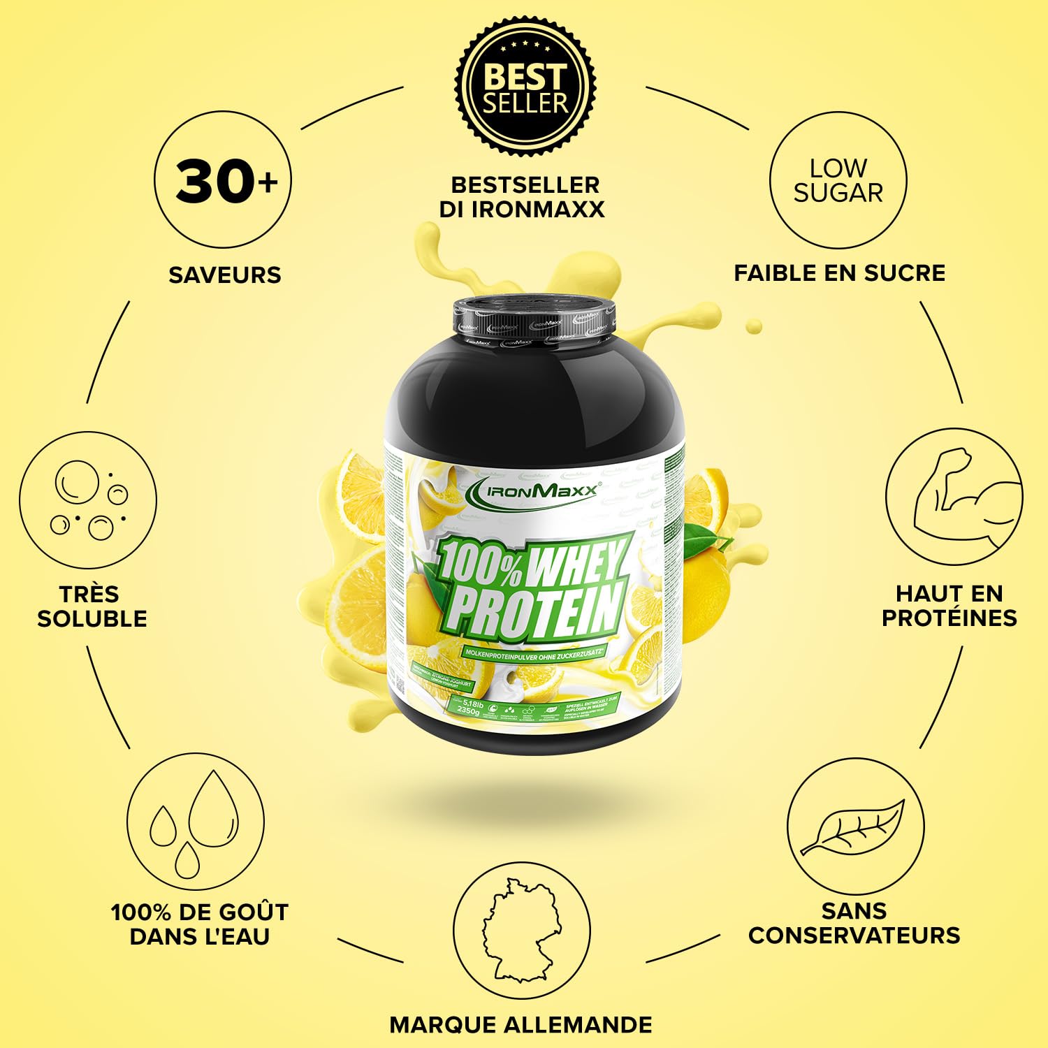 IronMaxx 100% Whey Protein Poudre - Citron Yaourt Boîte de 2,35 kg | poudre de protéine de lactosérum réduite en sucre et soluble dans l'eau | de nombreuses saveurs différentes
