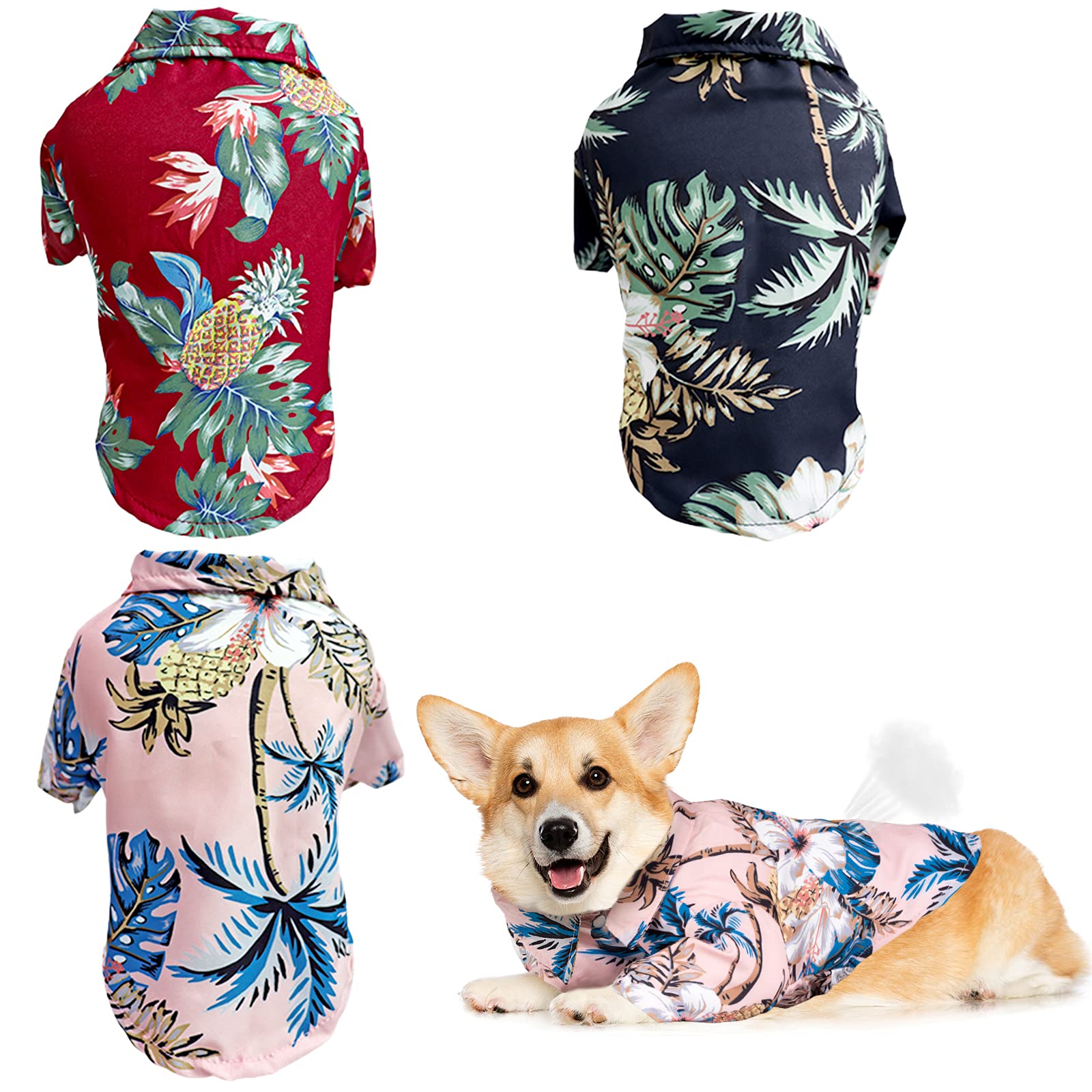 Whaline 3 Pieces Hawaiian Dog Shirts Breathable Chiffon Summer Dog Cloth Pineapple Coconut Tree Pattern Pet Apparel Beach Short Sleeve Suit for Small Medium Dogs (Red, Navy Blue, Pink), XL