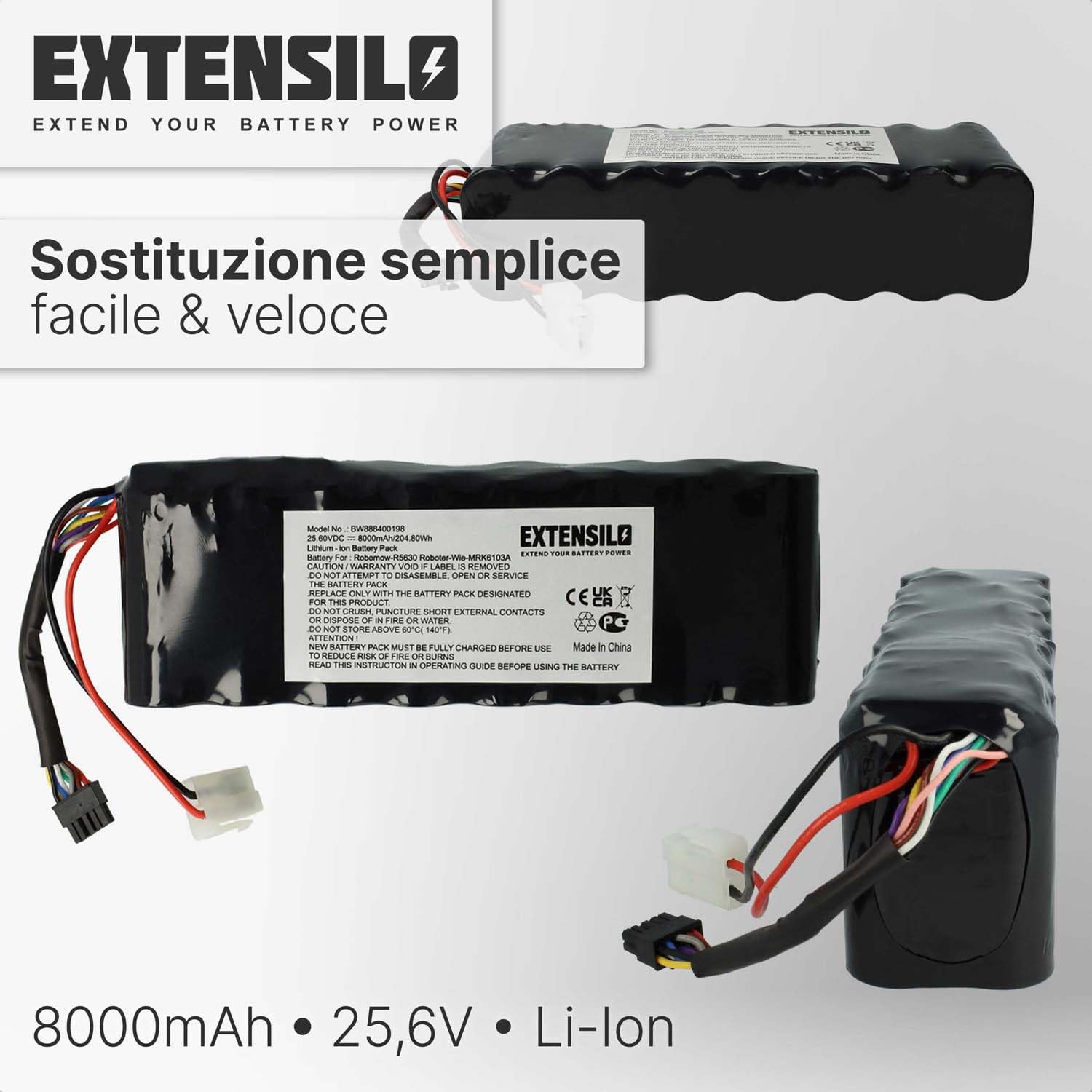 batteria compatibile con Robomow RS625, RS622, RS622 Pro, RS622U, RS615 Pro, RS615U tagliaerba, robot tagliaerba (8000mAh, 25,6V, Li-Ion)