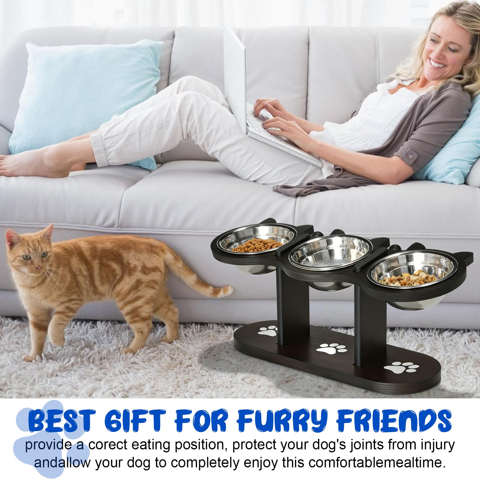 GOMETY Comedero para gatos 3 en 1 elevado, juego de 3 comederos para gatos con 3 cuencos de acero inoxidable, altura ajustable, comedero para gatos elevado, con soporte de madera, comedero ergonómico