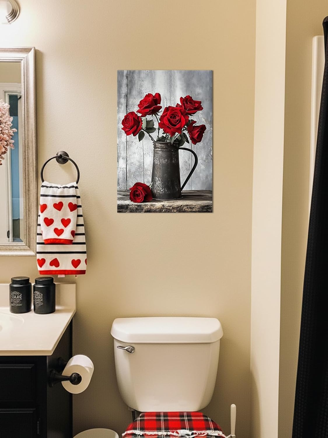 PLIDAAYO Red Rose Wall Art Rustic Black and White Red Flower Canvas Print Picture Vintage Vase Poster Farmhouse Floral Painting for Living Bedroom Bathroom Home Decor(Flo-01,16"x24")