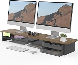 Fenge Monitor Stand, Desktop Computer Stand, 2 Tiers, 42.5 inches (108 cm), Wooden, Acrylic Drawer, Display Stand, Desk Rack, PC Stand, Desktop Storage, Brown Black