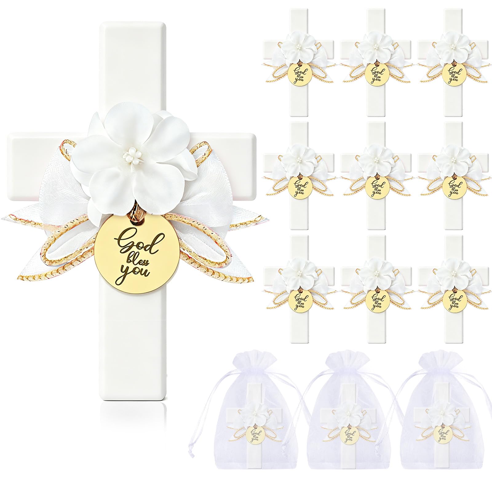Photo 1 of 12 Sets Baptism Party Favors for Guests First Communion Favors,Wooden Cross Baptism Magnet with Flowers for Bless Baby Shower Party, Christen Gift,Gender Reveal, (Fresh White, 12)