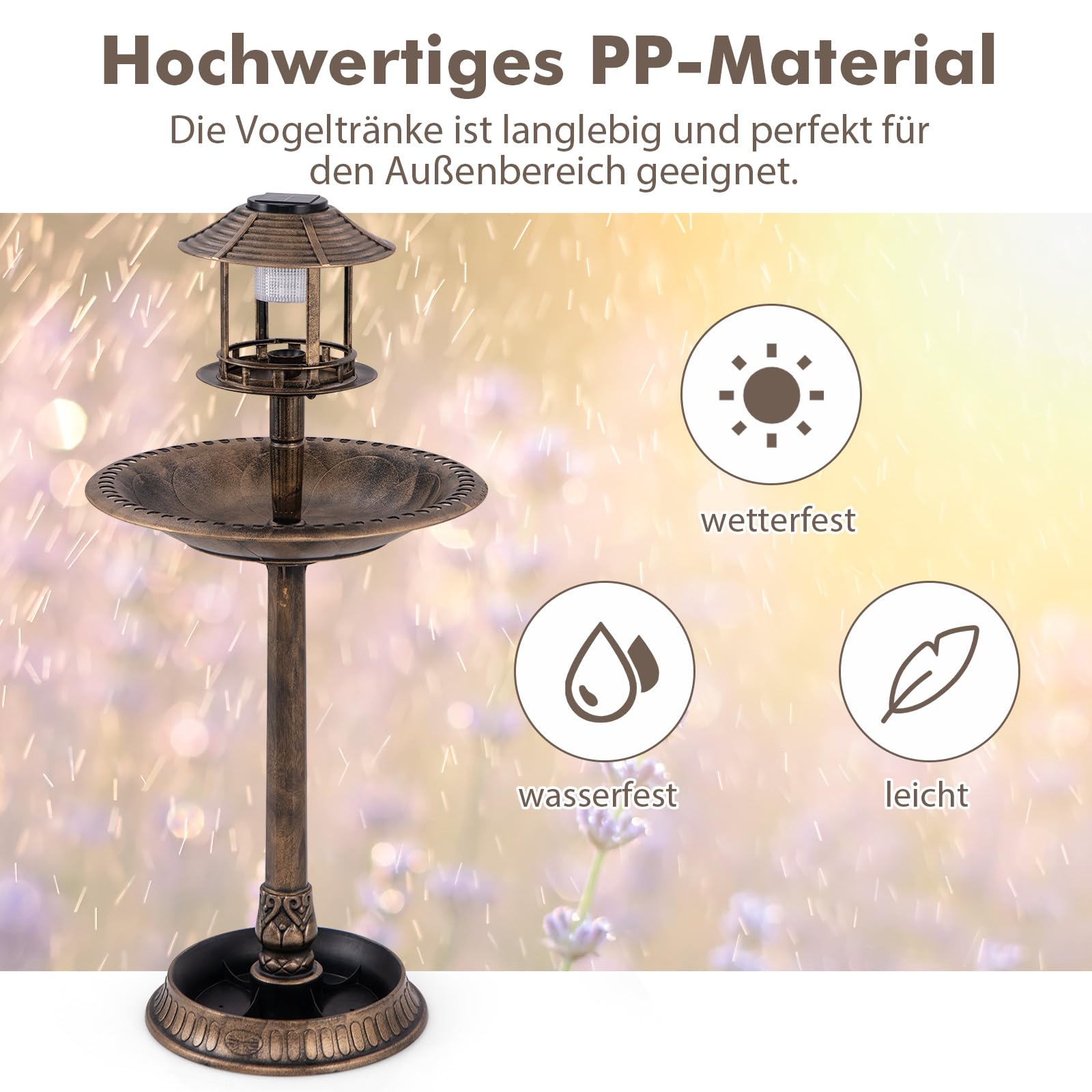 GYMAX Vogeltränke stehend mit Solarleuchte, Vogelbad Garten mit Blumenkübel & befüllbarem Ständer, Wasserschale Vögel, Futterstation für Balkon & Garten, Nr. 1 Antikbronze