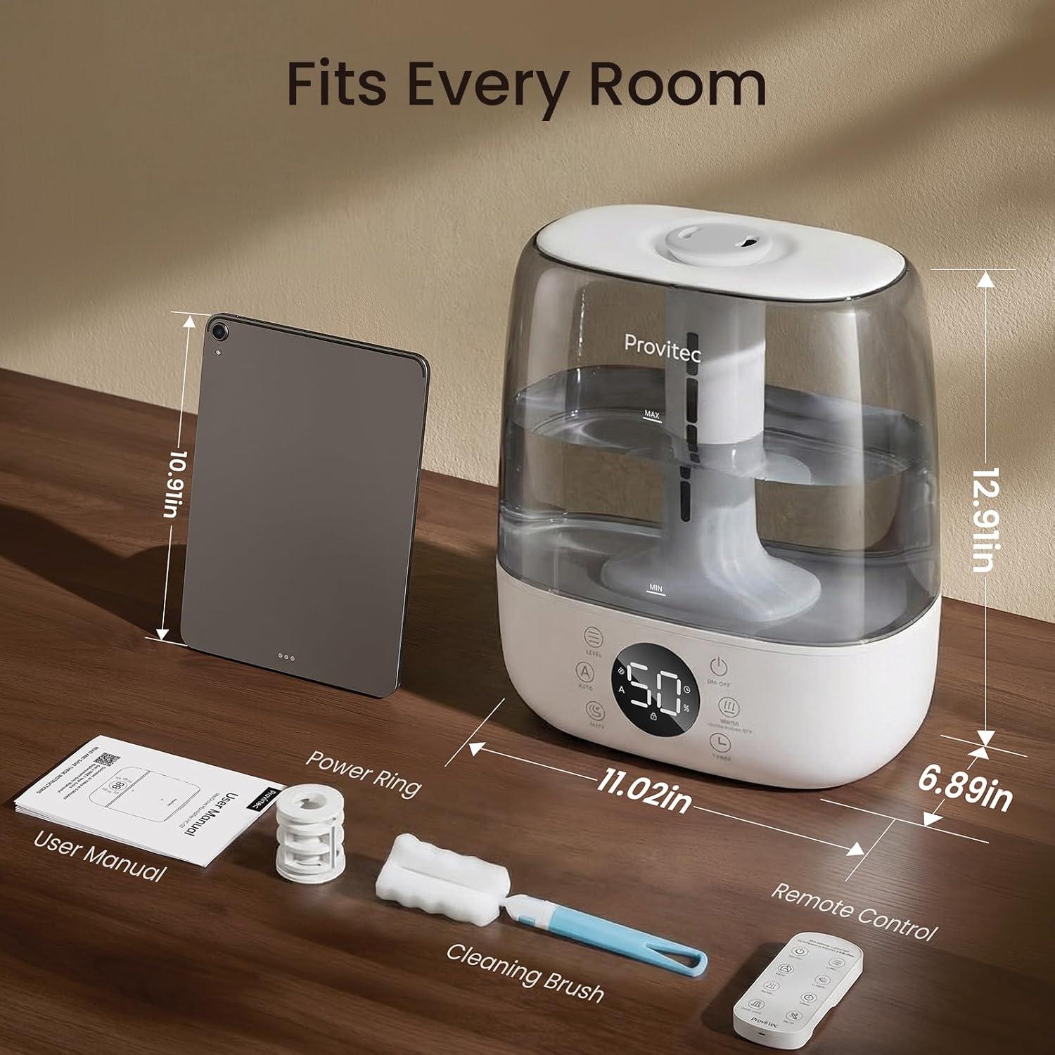 Provirtec MistGrove Humidifier with dimensions and included accessories