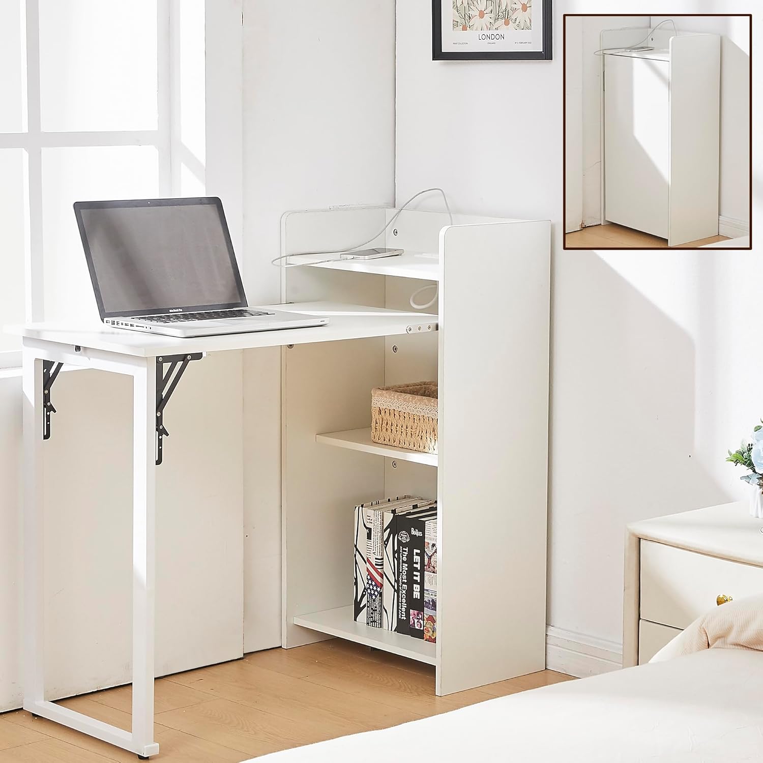 Fold Out Desk with Storage and Built-in Outlet, Mid Century Foldable Desk for Small Spaces, Hidden Folding Table for Home Office or Bedroom (Brown)