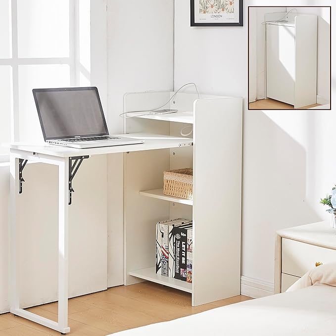 Zethvax Fold Out Desk with Storage and Built-in Outlet, Mid Century Foldable Desk for Small Spaces, Hidden Folding Table for Home Office or Bedroom (White)