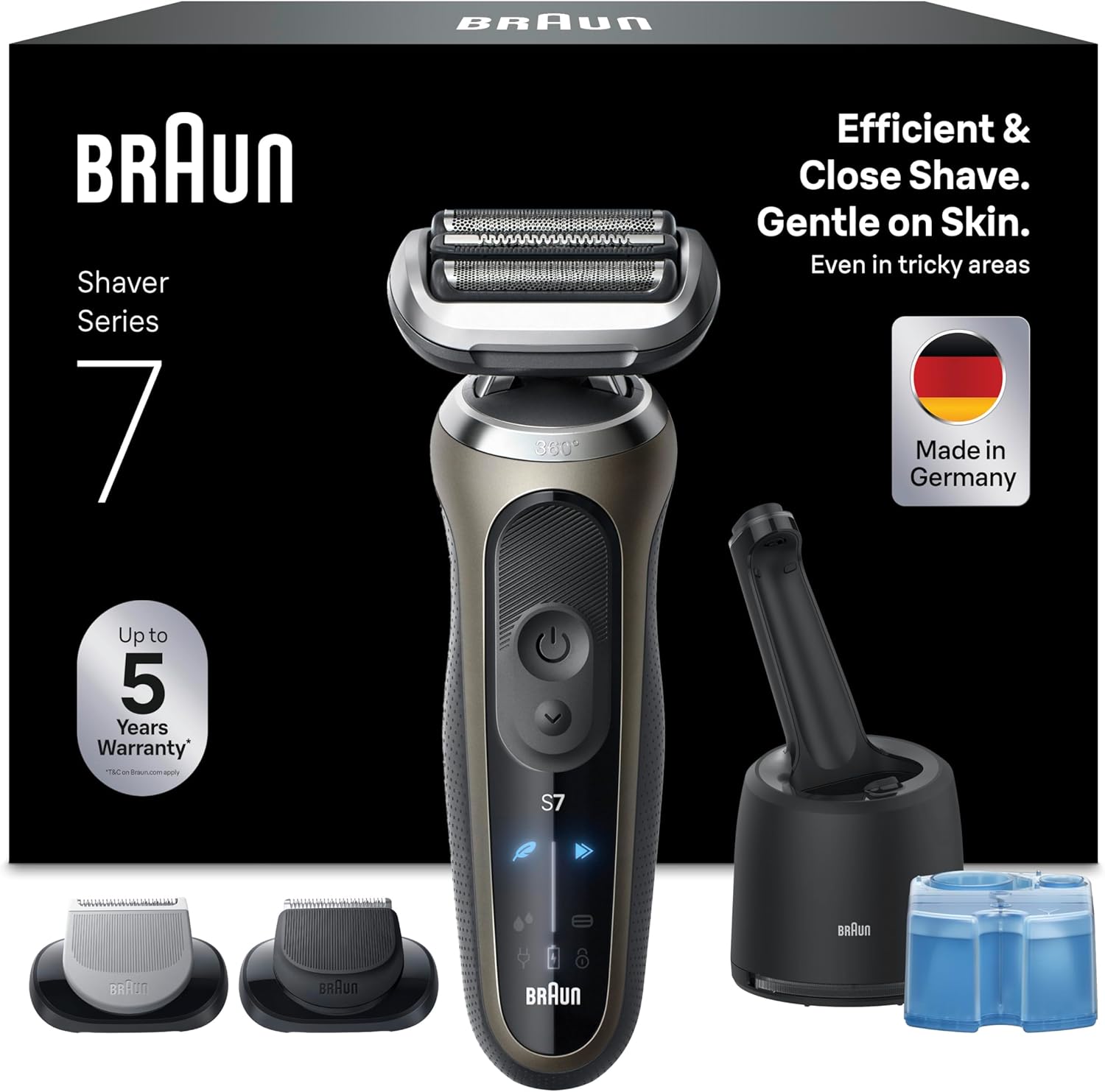 Braun Series 7 Rasierer Herren Elektrisch | 60 Min. Akku, 4in1 SmartCare Center | Nass & Trocken, Made in Germany | Inkl. 2 Aufsätzen, 72-C7650cc, Gold