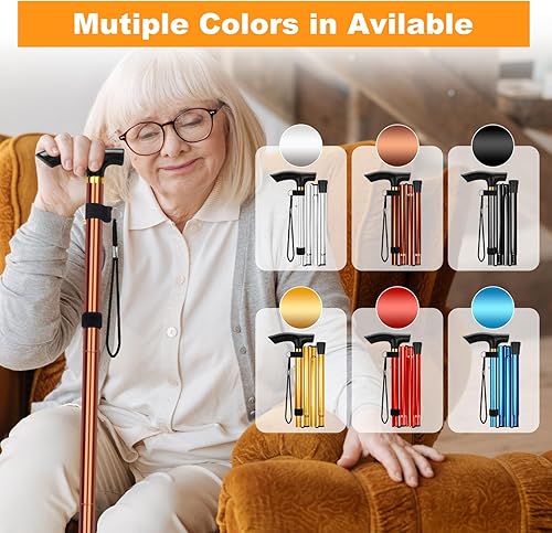 Miniatura 8 de MFE Bastón plegable, portátil de 5 niveles de altura ajustable con diseño plegable, correa de muñeca y mango en T para hombres y mujeres