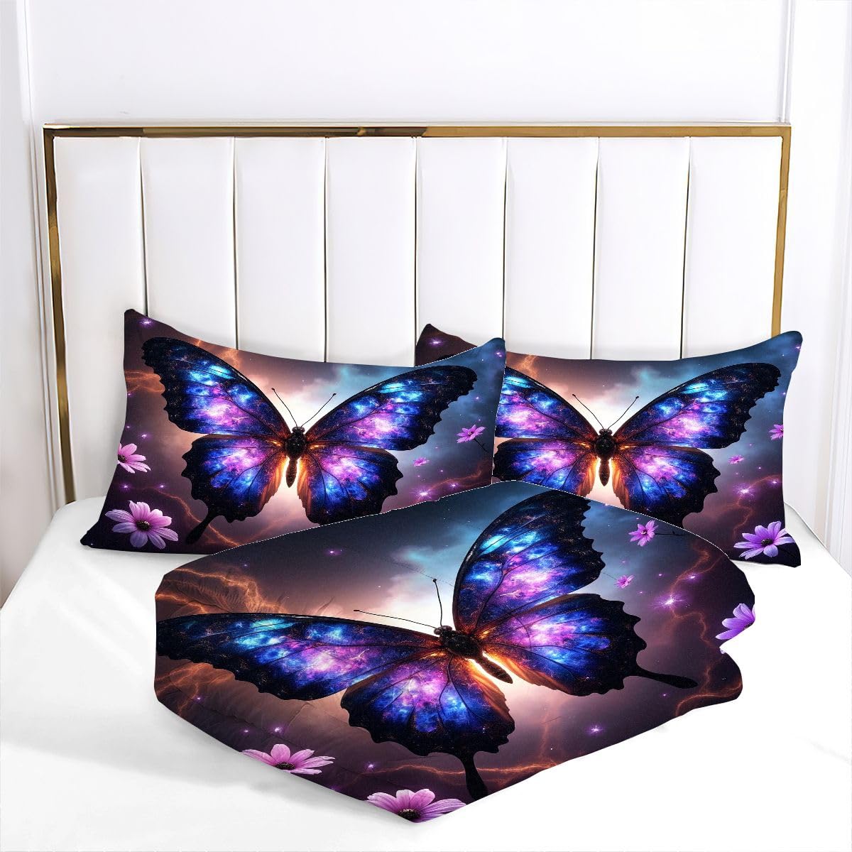 F273 Kołdra 220 x 240 cm, fioletowy motyl, miękka kołdra dwuosobowa, pikowana do sypialni, 3-częściowa pościel (1 koc 220 x 240 cm + 2 poszewki na poduszkę 80 x 80 cm)