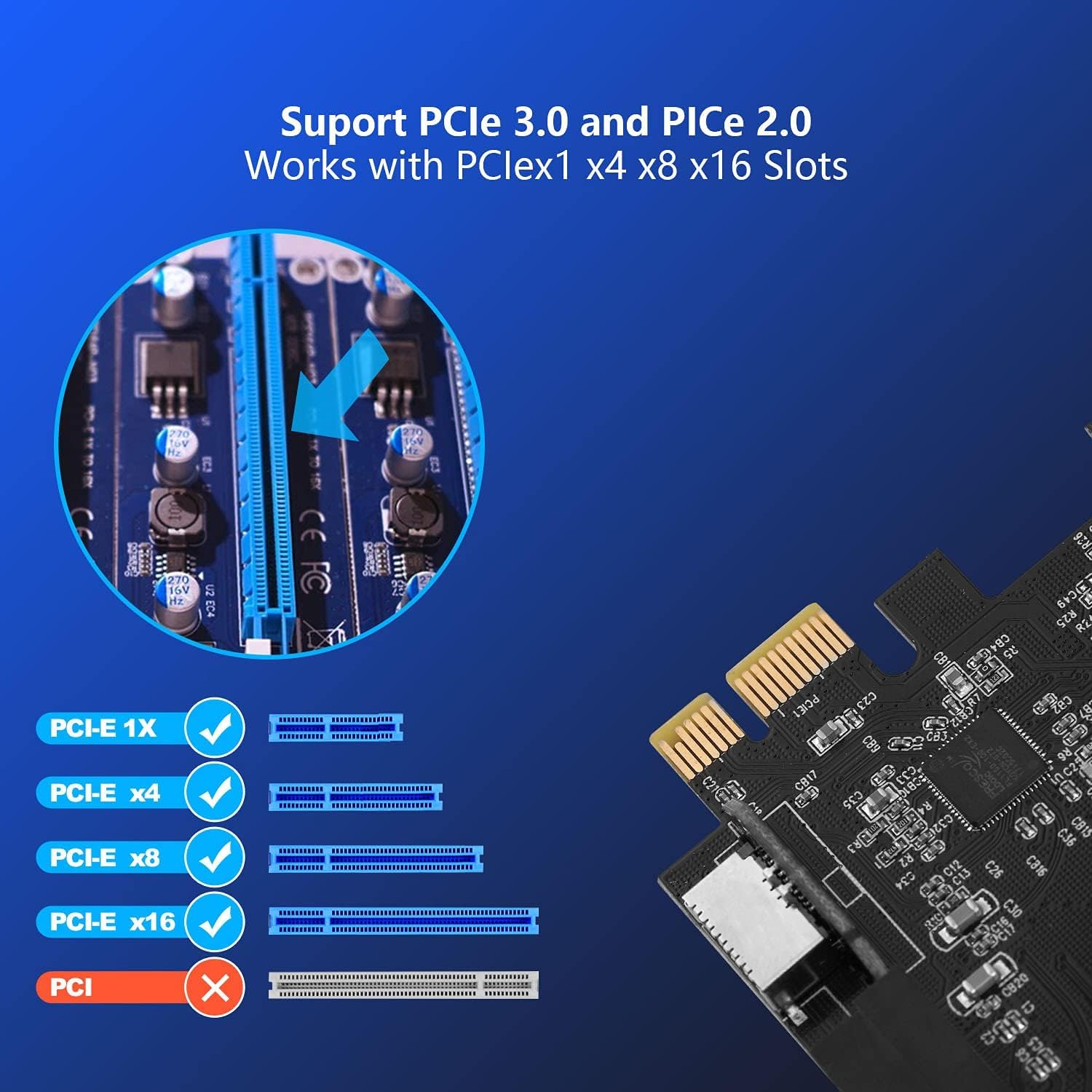 PCIe x1 a USB 3.2 GEN1 5 Gbp 19 pines Panel frontal de 19 pines (al encabezado del panel frontal tipo c) + tarjeta de expansión USB 3.0 de 20 pines, conector de panel frontal interno tipo E 4