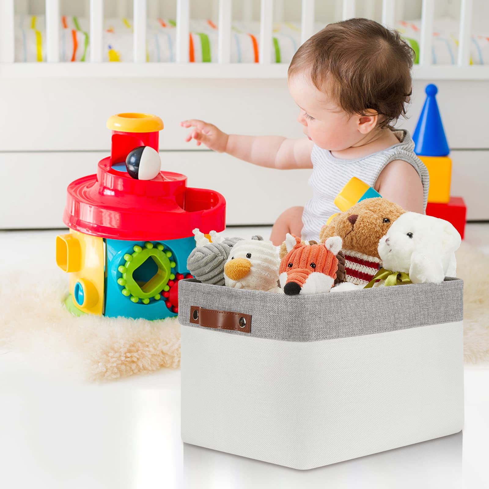 DULLEMELO?áStorage Baskets for Organizing, Shelves,Bedroom,?áDecorative Storage Bins?áwith Leather Handles,?áFabric Storage Basket?áfor Office, Toys(3-Pack, Grey&White)