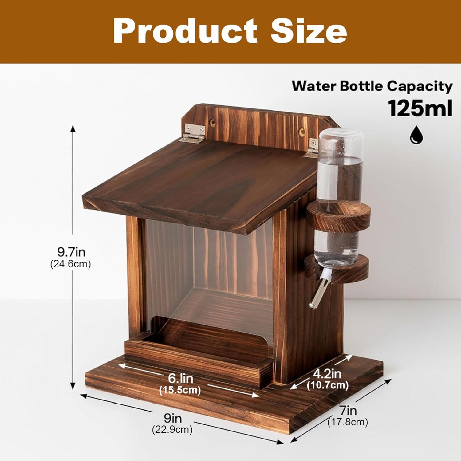 Wooden Squirrel Feeder Box, Backyard Chipmunk Feeder with Water Bottle & Roof, Wall Mount Chipmunk Feeding Station for Backyard Outside Garden