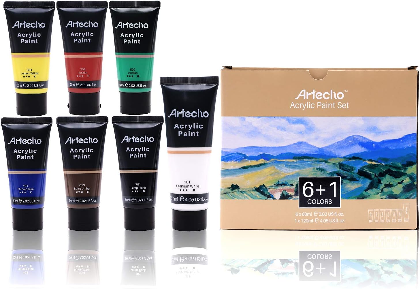 Buy Artecho Acrylic Paint Set, 7 Primary Colors 6 x 60ml & 1 x 120ml