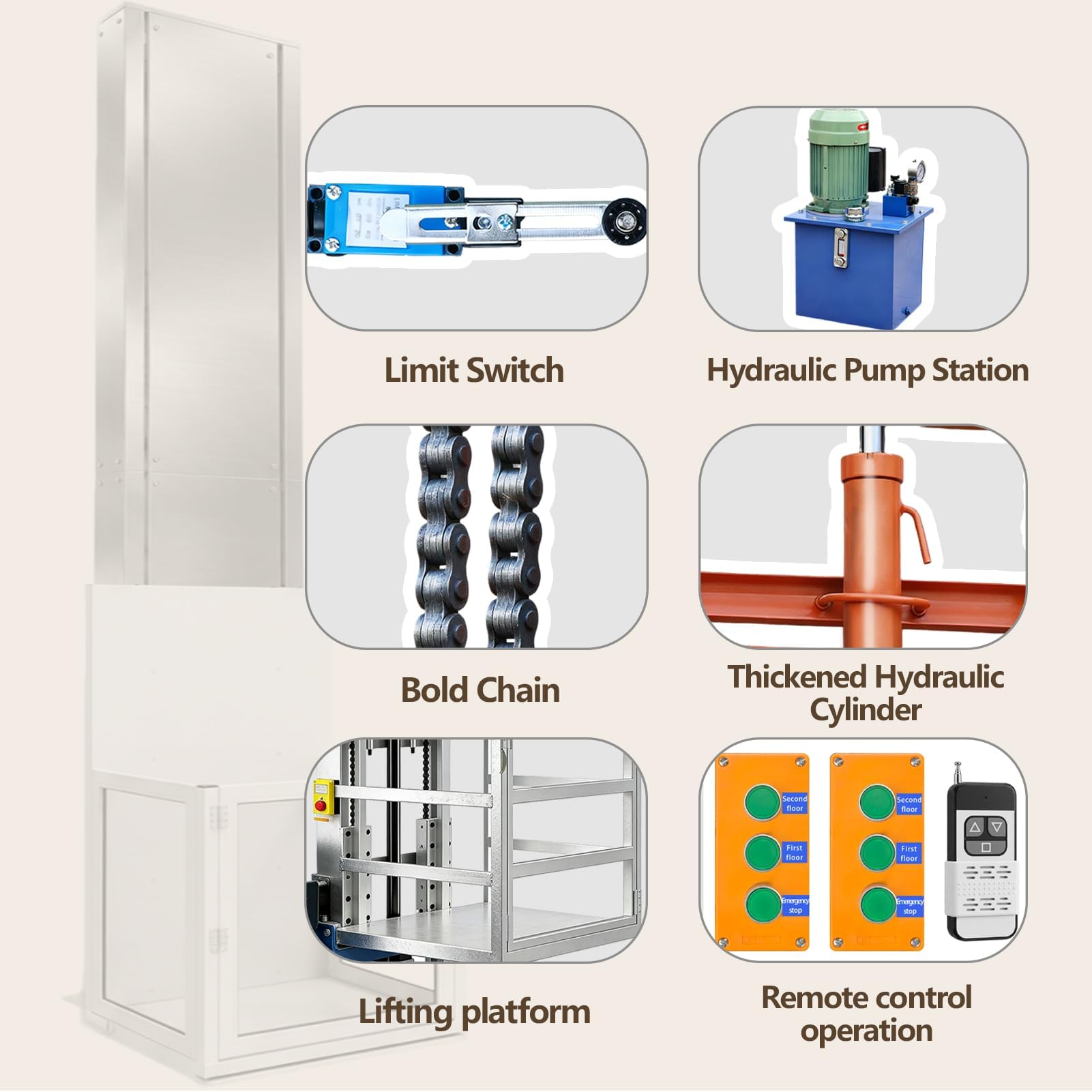 Plataforma de elevación hidráulica eléctrica personalizable de capacidad de 2200 libras, elevador de carga para el hogar, almacén y fábrica, elevador de carga resistente con control remoto