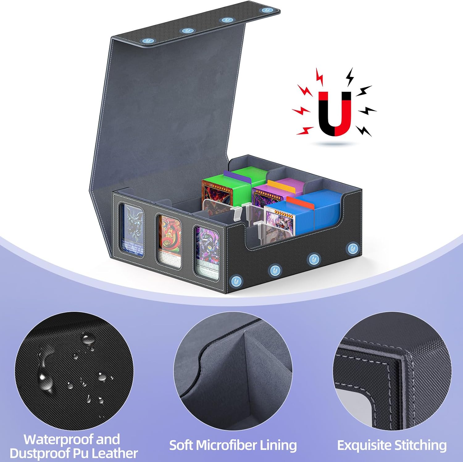 TopMade MTG Deck Box with Commander Display for Trading Cards 2400+ with 18 Colorful Divider, Leather Magnetic Commander Trading Card Storage Box for YuGiOh, MTG, TCG and Sport Cards - Black & Grey
