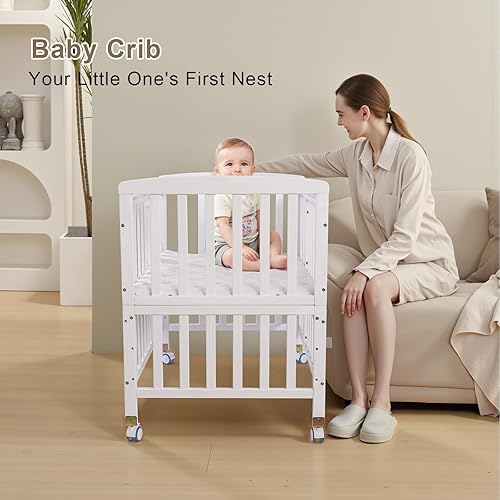 Miniatura 4 de Cuna para bebé Flwrgirl - Cuna de noche portátil de madera de pino con colchón, 3 alturas, mini cuna pequeña, cuna de bebé para recién nacidos,