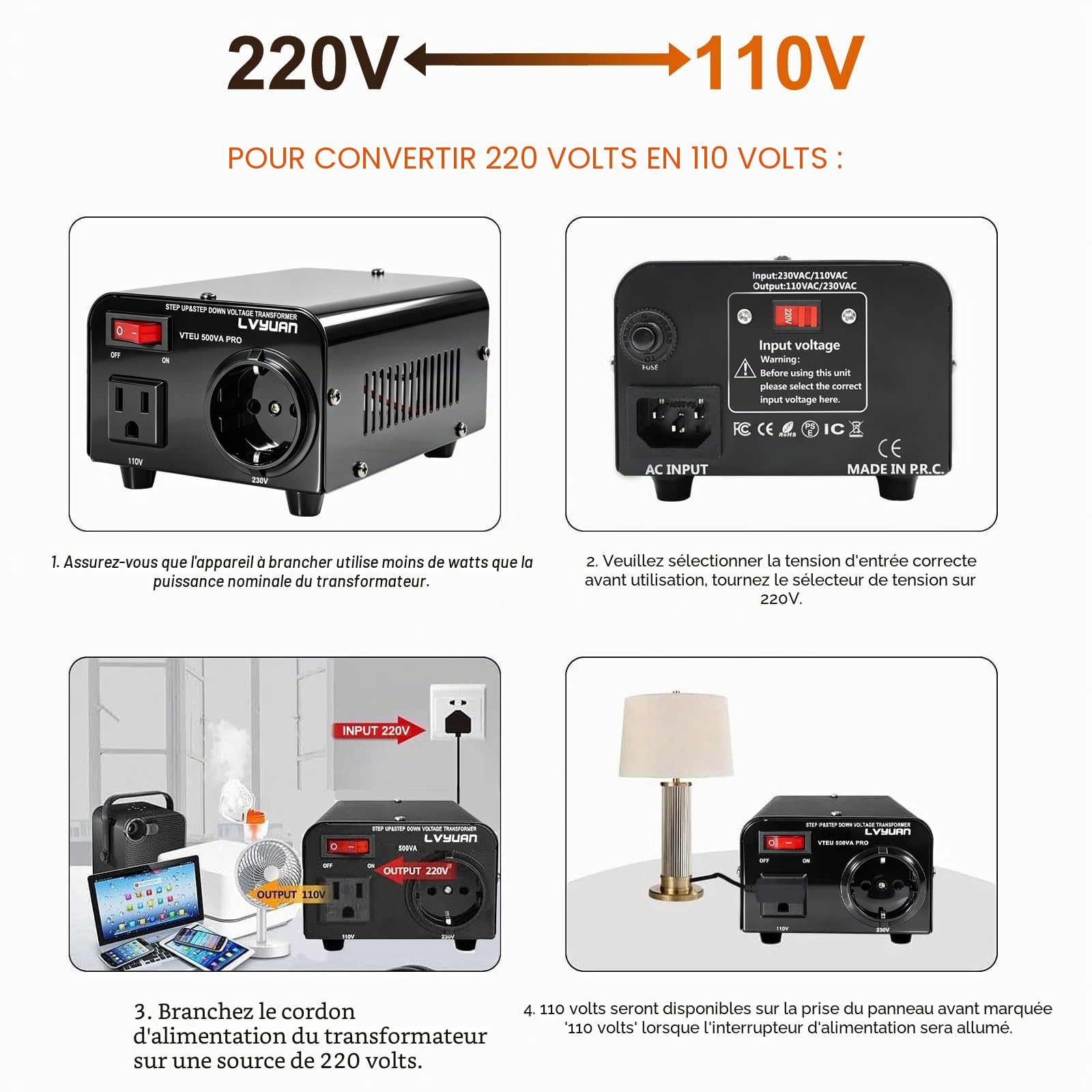 Cantonape Transformateur avec noyau toroïdal, stabilisateur de tension automatique, CA 110V 220V 500W