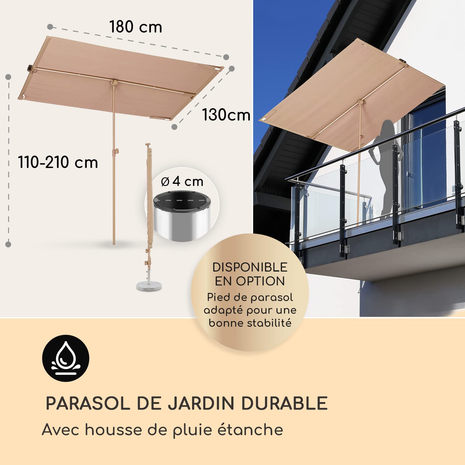 blumfeldt Parasol Flex Garden, 180x130 cm Parasol de Jardin Exterieur et Balcon, Panneaux Solaires, Lumières LED Contrôle WiFi, Protection UV, Etanche, Parasol Deporte Réglables Hauteur, Angle-Base