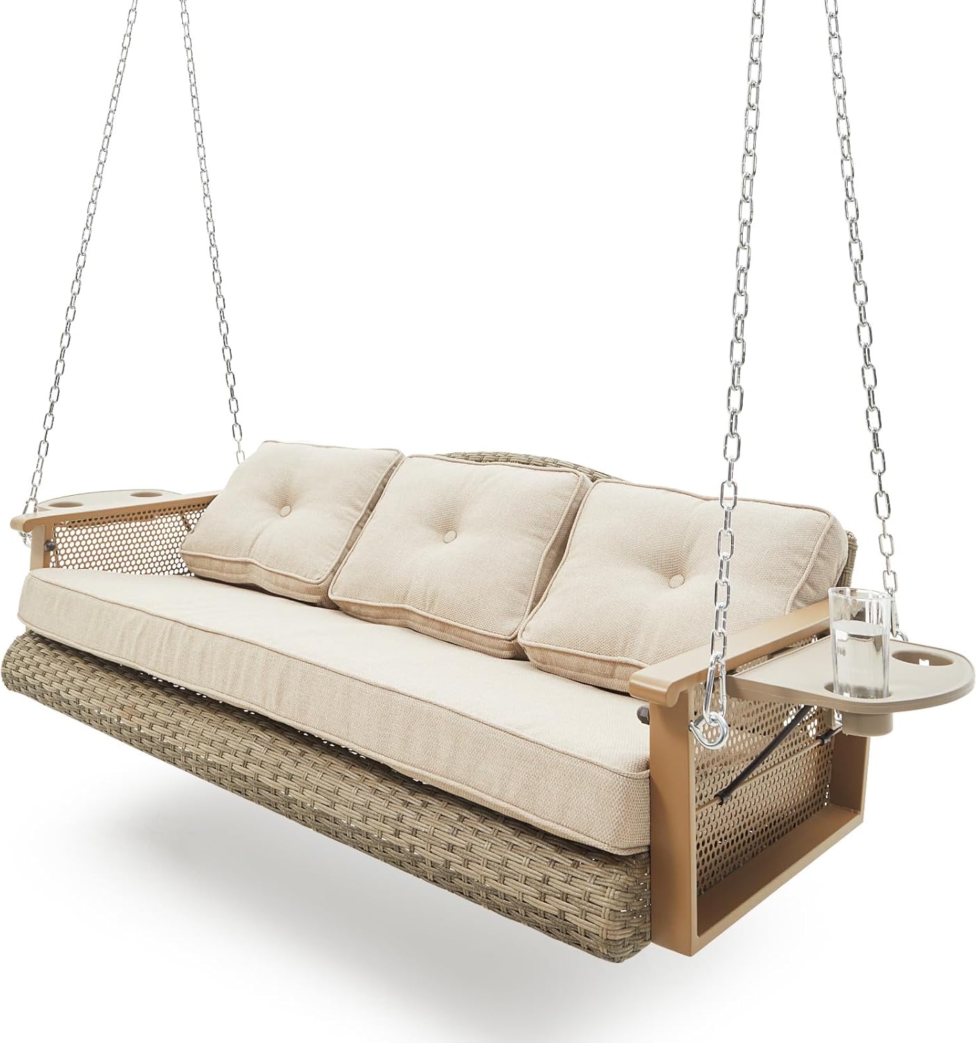 3-Seat Hanging Porch Swing with Cup Holders, Wicker Porch Swing with Cushions, Heavy Duty Front Porch Swing with Chains, Outdoor Patio Hanging Swing Bench for Porch, Patio, Backyard, Beige