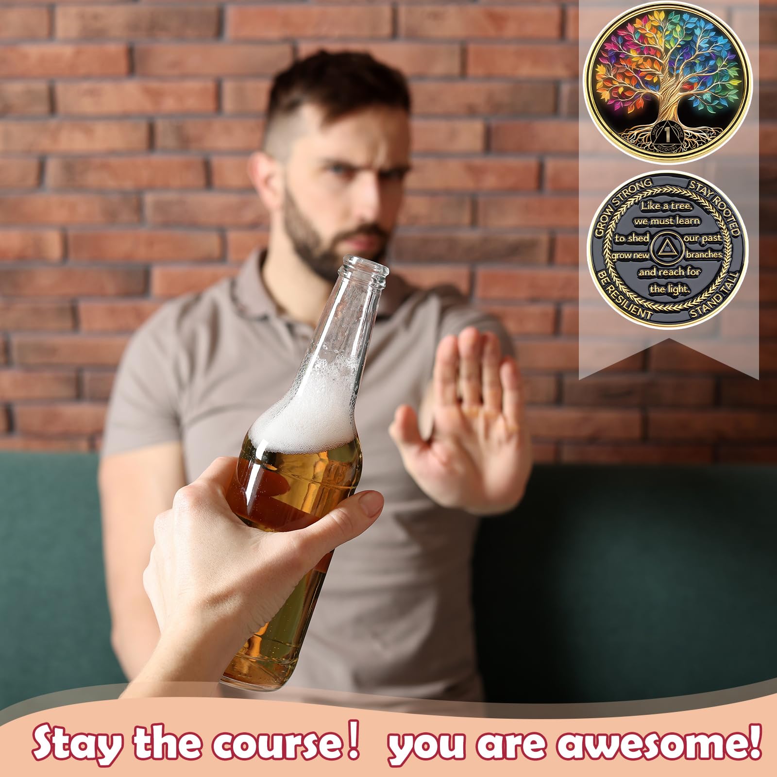 Landical 30 unidades de un año de sobriedad de árbol de monedas AA Chip Medallón AA Tokens Alcohólicos Anónimos Medallón Regalos para tu propio ser verdadero