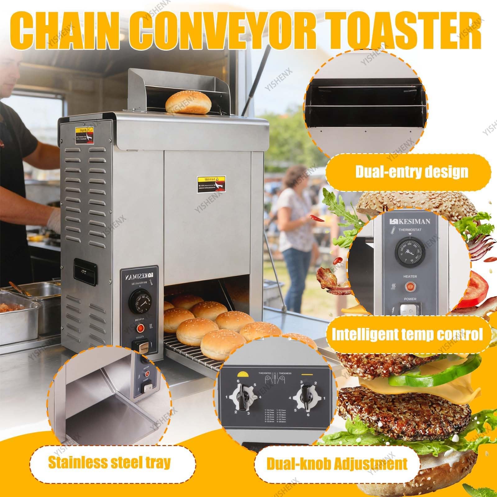 Komercyjny Opiekacz Do Bułek Do Burgerów 2000w, Dwuwlotowy Podgrzewacz Do Hamburgerów, 1500 Kromek/Godzinę, Stal Nierdzewna Spożywcza, 50-300°c, Regulowana Grubość, Do Piekarni