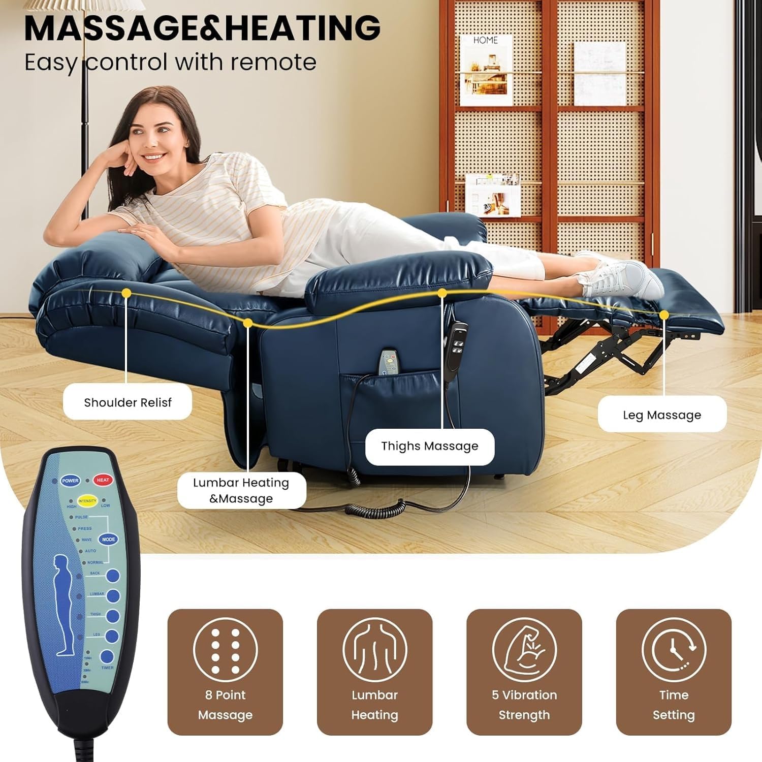 Electric Lift Chair for Elderly with Heat and Vibration Massage Faux Leather Power Recliner Chair Infinite Position Adjustable Wall Hugger Recliner with Extended Footrest USB Port for Living Room