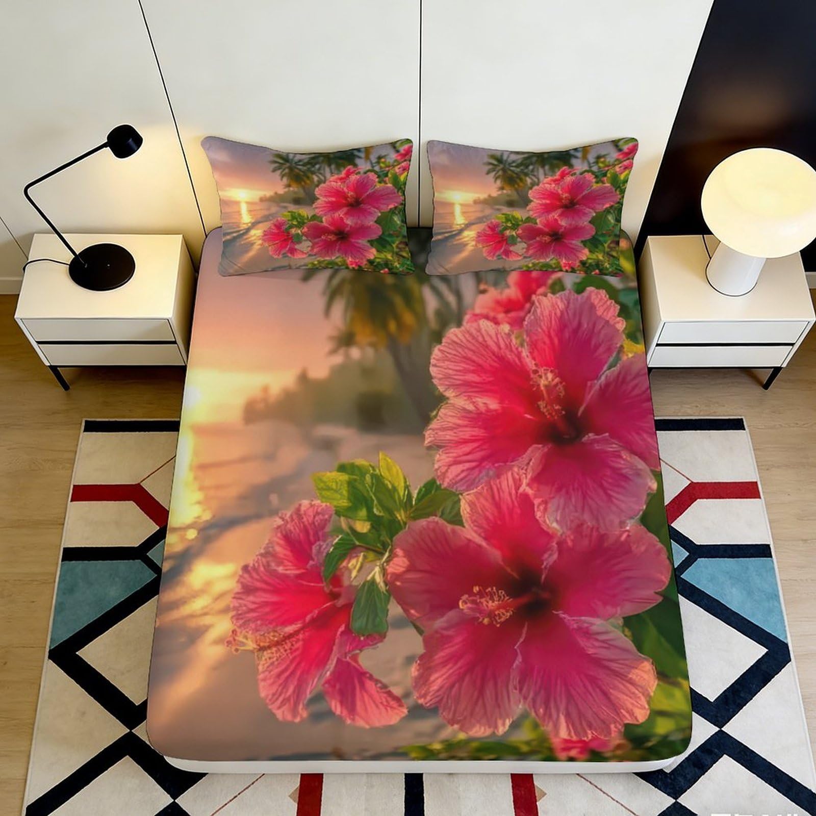 3D Printed Tropical Sunset Fitted Sheet Microfiber Pink Hibiscus Mattress Cover for Bedroom Guest Room Decor 90x200x25cm