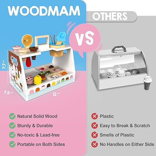 Miniatura 3 de Juguete de helado de madera para niños, 33 piezas de comida de juego de simulación para niños pequeños de 3 a 5 años, juguete portátil apilable,