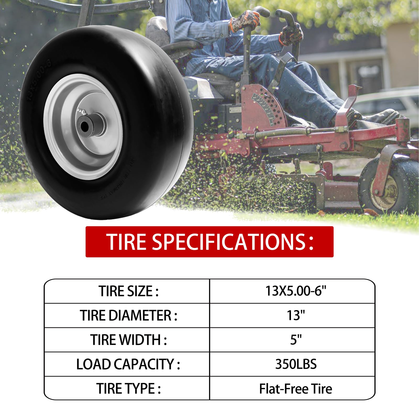 Montaje de rueda y neumático de cortacésped sin planos de 13 x 5.00-6, compatible con cortacéspedes de giro cero, con bujes de grasa de 3/4 y 5/8 pulgadas y un cubo centrado de 3.25 a 5.9